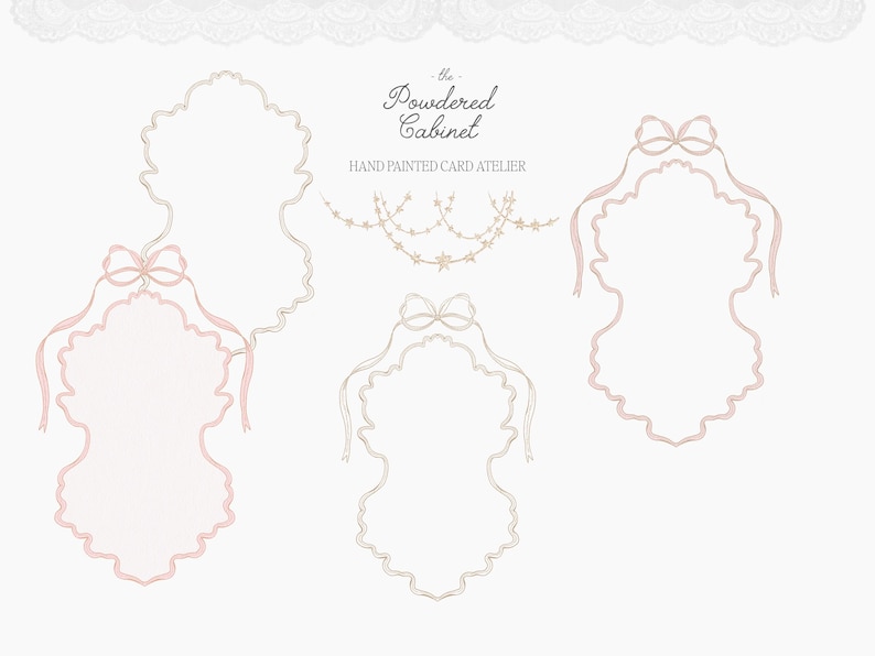 Pode incluir: Uma cole&ccedil;&atilde;o de designs de cart&otilde;es pintados &agrave; m&atilde;o. A imagem apresenta v&aacute;rias molduras ornamentadas com detalhes de fitas rosa e creme. O texto "the Powdered Cabinet" &eacute; exibido acima da frase "HAND PAINTED CARD ATELIER".