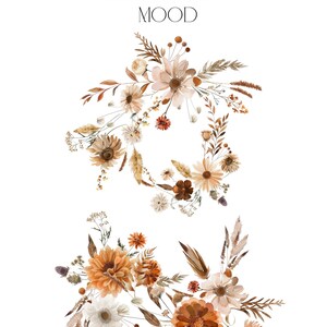 K&ouml;nnte beinhalten: Aquarell-Blumenkollektion, "SEPTEMBER MOOD", mit zwei Str&auml;u&szlig;en getrockneter Blumen in Braun-, Beige- und Wei&szlig;t&ouml;nen. Die Str&auml;u&szlig;e sind kreisf&ouml;rmig angeordnet und haben eine rustikale, bohemian &Auml;sthetik.