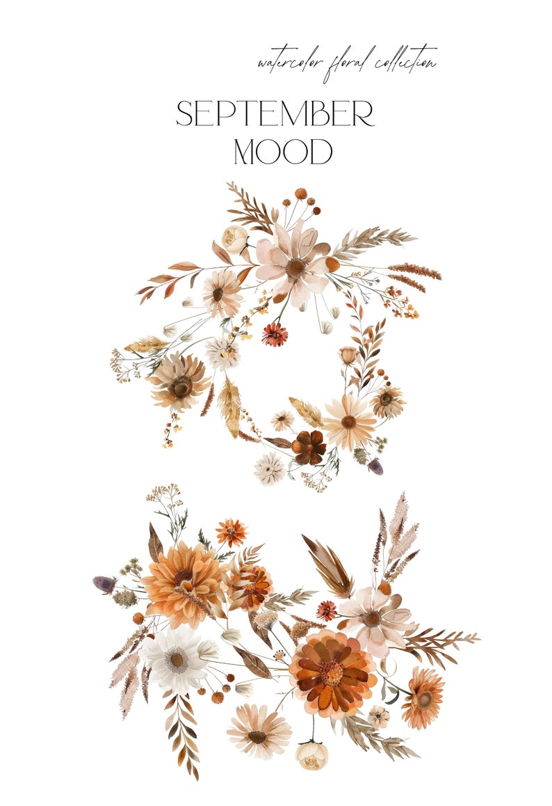 K&ouml;nnte beinhalten: Aquarell-Blumenkollektion, "SEPTEMBER MOOD", mit zwei Str&auml;u&szlig;en getrockneter Blumen in Braun-, Beige- und Wei&szlig;t&ouml;nen. Die Str&auml;u&szlig;e sind kreisf&ouml;rmig angeordnet und haben eine rustikale, bohemian &Auml;sthetik.
