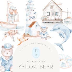 Sailor Bear aquarel clipart set-stoffige blauw-beer clipart-stoffige blauwe beren-kwekerij-zee schepsel clipart-onbeperkte verkoop licentie