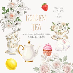 Collezione di acquerelli Golden Tea Party - Dolci acquerellati - Tazze da tè e teiere - Set di clipart floreali - Fiori bianchi - Tea Party