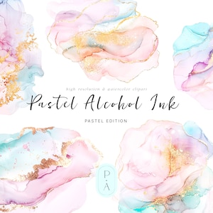 Pastell Alkohol Tinte Clipart - Aquarell & Alkohol Tinte - Pastell - Spritzer Clipart - Form und Verwaschungen - Gold Detail - unlimitierte Verkaufslizenz