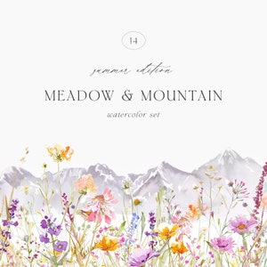 Aquarela Verão Flores Selvagens e Montanhas - Prado - Clipart de Verão - Montanhas de Verão