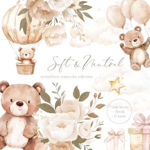 Clipart neutre ours - chambre d'enfant - chambre d'enfant - fleurs neutres - clipart floral - fête d'ours - clipart pour enfants - licence de vente illimitée
