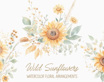 Könnte beinhalten: Aquarell-Illustration eines Straußes wilder Sonnenblumen mit grünen Blättern und gelben Blüten. Der Text "Wild Sunflowers" ist in brauner Kursivschrift über dem Strauß geschrieben. Der Text "Watercolor Floral Arrangements" ist in brauner Schrift unter dem Strauß geschrieben. Der Text "beautiful rustic bouquets" ist in brauner Schrift unter dem Text des Blumenarrangements geschrieben.