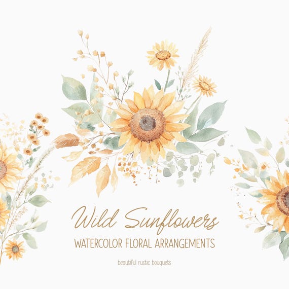 Watercolor Bohemian Sunflower Clipart - Watercolor Sunflowers - Clipart Collection - Boho flowers - August Flowers