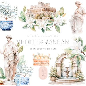 Set di clipart acquerello mediterraneo - Antico romano - Italia - Grecia - Piastrelle mediterranee - Limoni - Ulivi - Adesivi digitali