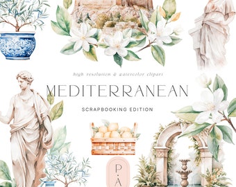 Mediterranean Watercolor Clipart Set - Ancient Roman - Italy - Greece - Mediterranean Tiles - Lemons - Olive Trees - Digital Stickers