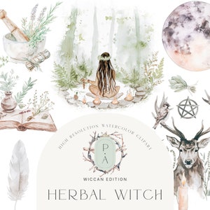 Clipart de bruxa de ervas em aquarela - Clipart místico - Clipart de ritual - Erva em aquarela - Witchy - Clipart Wiccan - Licença estendida ilimitada