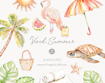 May include: A watercolor illustration set of 25 summer and tropical elements. The set includes a pink flamingo, a palm tree, a watermelon, a beach umbrella, a turtle, a cocktail, a towel, a picnic basket, and tropical leaves. The text "Vivid Summer" is written in cursive.