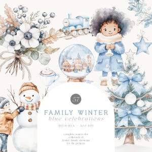 Aquarela Inverno Família Clipart Celebração de Natal - Azul Natal Clipart - Família Azul Inverno clipart - Scrapbooking