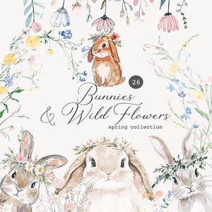 Coleção de coelhinhos em aquarela e flores silvestres - Coleção de coelhinhos da primavera - Primavera selvagem - Coelhinhos fofos - Páscoa - Selvagem
