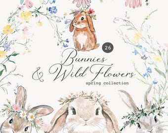Collectie aquarel konijntjes en wilde bloemen - Lente konijntjes collectie - wilde lente - schattige konijntjes - Pasen - wild