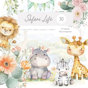 Süße Safari Aquarell Clipart - Kinderzimmer Clipart - Aquarell Safari - Süße Clipart - Clipart für Kinder - Safari - unbegrenzte Verkaufslizenz