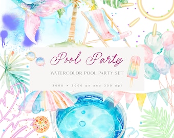 May include: Watercolor illustration set for pool party themes. Includes a pool, palm tree, lounge chair, inflatable pool toys, ice cream, sunglasses, and a banner. The text "Pool Party" is written in purple cursive.