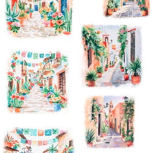 May include: Five watercolor illustrations of colorful Mexican streets with hanging paper flags, potted plants, and buildings. The text "MEXICAN AESTHETIC SCRAPBOOKING EDITION" is at the top of the image.