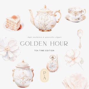 Clipart White Tea Time - Clipart acquerello - Set da tè acquerello - Oro e avorio - Adesivi digitali - Scrapbooking