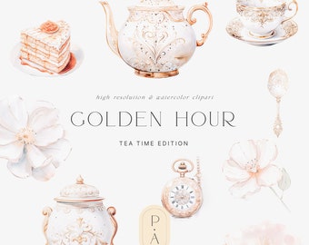 White Tea Time Clipart - Watercolor Clipart - Watercolor Tea Set - Gold and Ivory - Digital Stickers - Scrapbooking