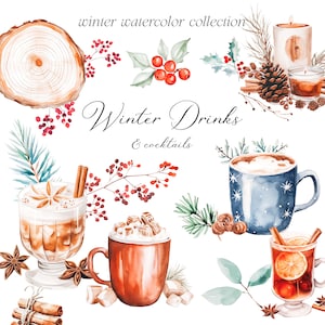Winter Drinks Aquarell Clipart - Weihnachtscliparts - Gemütliche Getränke - Heißer Kakao - Winter Cocktails - Winter - unbegrenzte Verkaufslizenz