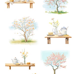 May include: A watercolor illustration of a spring scene with a table, flowers, and honeycombs. The table is set with a teapot, a pitcher of milk, a bowl of honey, and a plate of cookies. The flowers are in a vase and are blooming in pink and white. The honeycombs are on a plate and are a light yellow color. The text "Honey Spring" and "Honey Bees Edition" is written in the image.