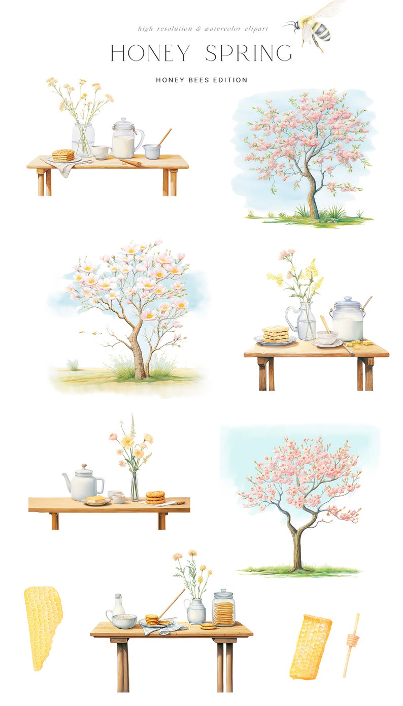 May include: A watercolor illustration of a spring scene with a table, flowers, and honeycombs. The table is set with a teapot, a pitcher of milk, a bowl of honey, and a plate of cookies. The flowers are in a vase and are blooming in pink and white. The honeycombs are on a plate and are a light yellow color. The text "Honey Spring" and "Honey Bees Edition" is written in the image.