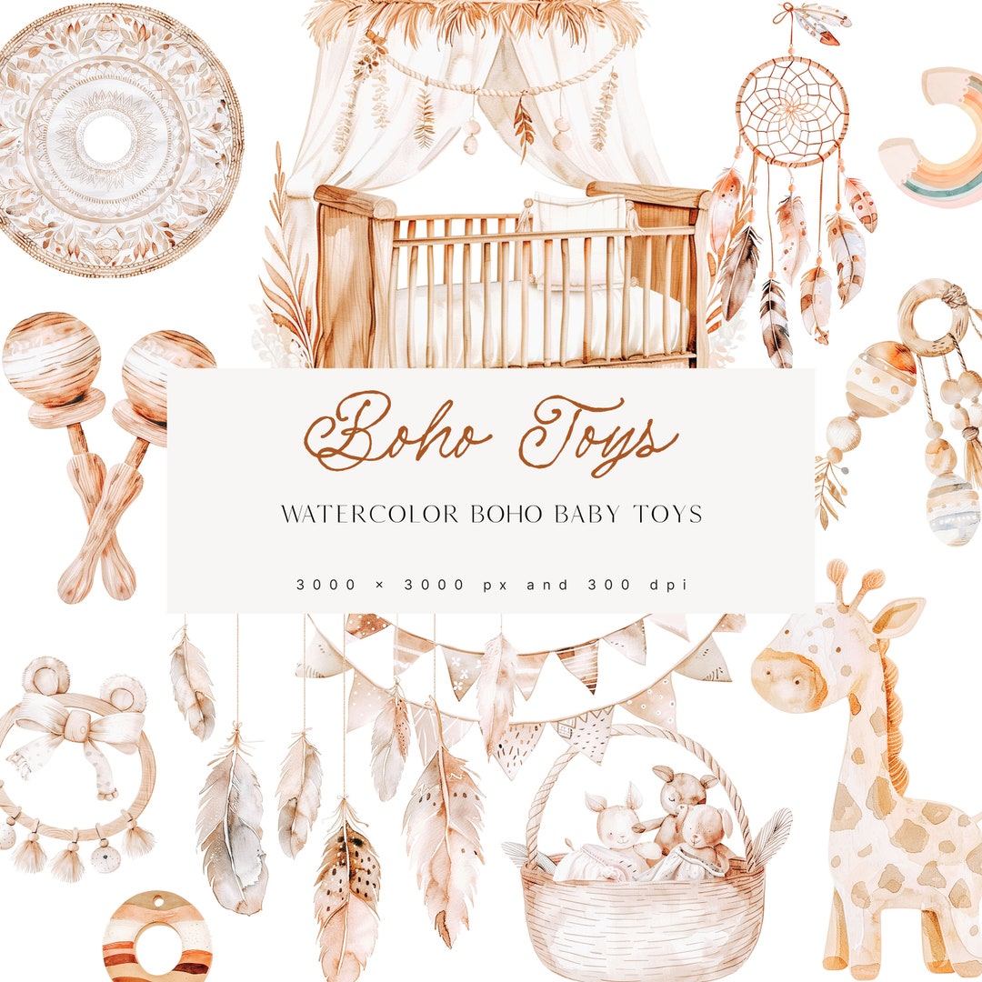 Boho Baby Toys Clipart - Neutral Baby Shower Clipart - Boho Baby ...