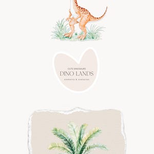 May include: Watercolor illustration featuring a cartoon dinosaur in shades of orange and white, standing on green grass. The image includes the text "mix and match" and a logo that says "Cute Dinosaurs Dino Lands elements & scenarios". A watercolor palm tree is also shown.
