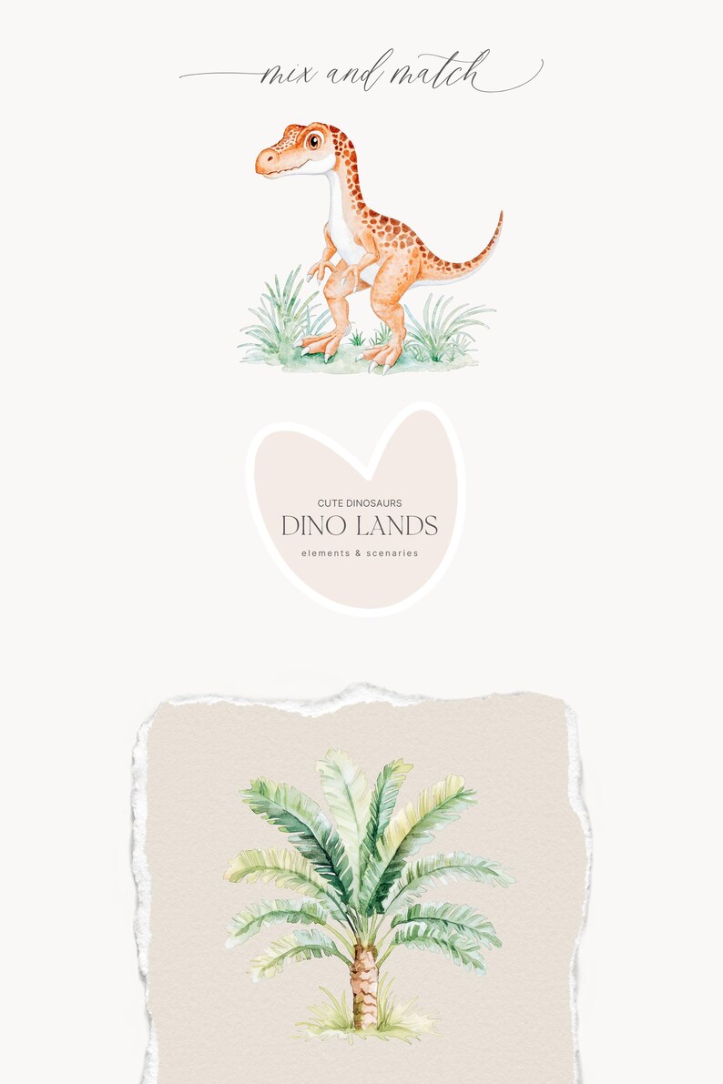 May include: Watercolor illustration featuring a cartoon dinosaur in shades of orange and white, standing on green grass. The image includes the text "mix and match" and a logo that says "Cute Dinosaurs Dino Lands elements & scenarios". A watercolor palm tree is also shown.