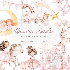 Niedliches Einhorn & Prinzessin Clipart - Neutrale Einhörner - Fantasy Prinzessin - Kinderzimmer - Aquarell Einhörner - Prinzessin - Unlimitierte Verkaufslizenz