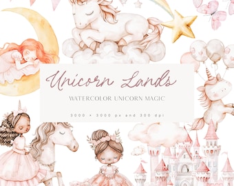 May include: Watercolor illustration of a unicorn land with a pink castle, a unicorn with balloons, a unicorn with a girl riding it, a girl with a crown, a girl sleeping on a crescent moon, and a unicorn sleeping on a cloud. The text "Unicorn Lands Watercolor Unicorn Magic 3000 x 3000 px and 300 dpi" is at the bottom of the image.