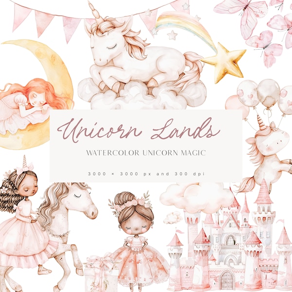 Cute Unicorn & Princess Clipart - Neutral Unicorns - Fantasy Princess - Nursery - Watercolor Unicorns - Princess - Unlimited Sales License