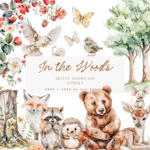 Animais da floresta em aquarela - Clipart da floresta - Animais da floresta em aquarela - Clipart da floresta - Bagas da floresta - Tronco de madeira - Flores silvestres