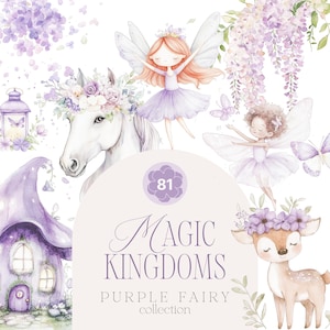 Aquarell Lila und violette Feen-Kinderzimmer-Kollektion - Feenparty Clipart - Lila Feenstaub - Feen und Einhörner Aquarell-Set