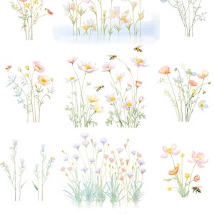 May include: Watercolor illustrations of spring flowers and bees. The flowers are in shades of pink, blue, and white. The bees are yellow and black. The text "Honey Spring" and "Honey Bees Edition" is at the top of the image.