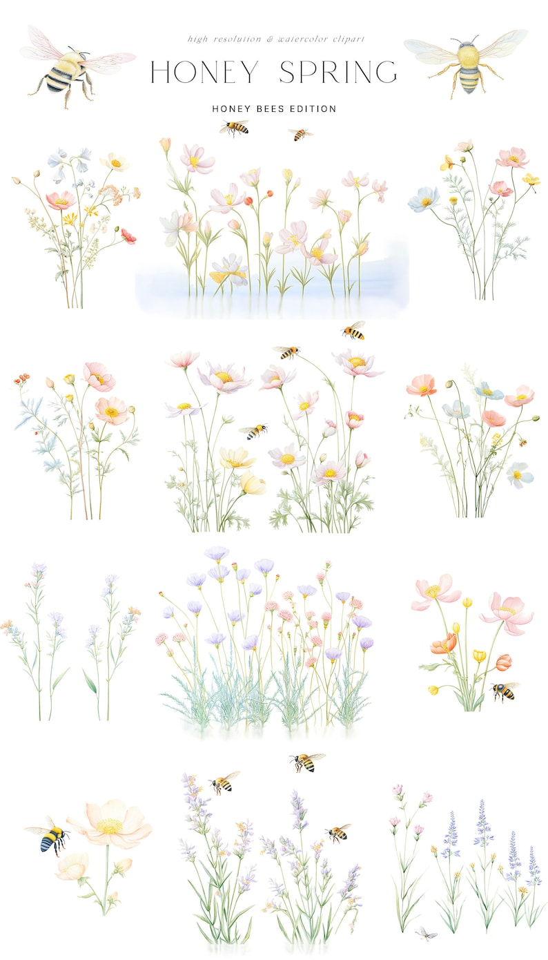May include: Watercolor illustrations of spring flowers and bees. The flowers are in shades of pink, blue, and white. The bees are yellow and black. The text "Honey Spring" and "Honey Bees Edition" is at the top of the image.