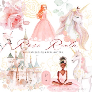 Prinzessin & Einhorn Clipart Set - Fantasy Clipart - Königreich Clipart - Gold und Glitzer - Florale Elemente - Magisch - Unbegrenzte Verkaufslizenz