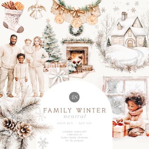 Neutrale Weihnachts Clipart - Rustikale & Sackleinen Clipart - Rustikale Weihnachten - Winter Familien - Familien Clipart - Gemütlich - Unlimitierte Verkaufslizenz