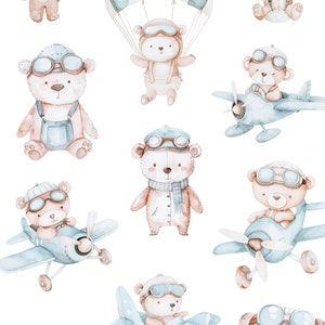 Bears & Airplane Watercolor Clipart - Airplane Clipart - Bear Pilot - Brown Bear Clipart - Nursery - Dusty Blue - Unlimited Sales License image 2