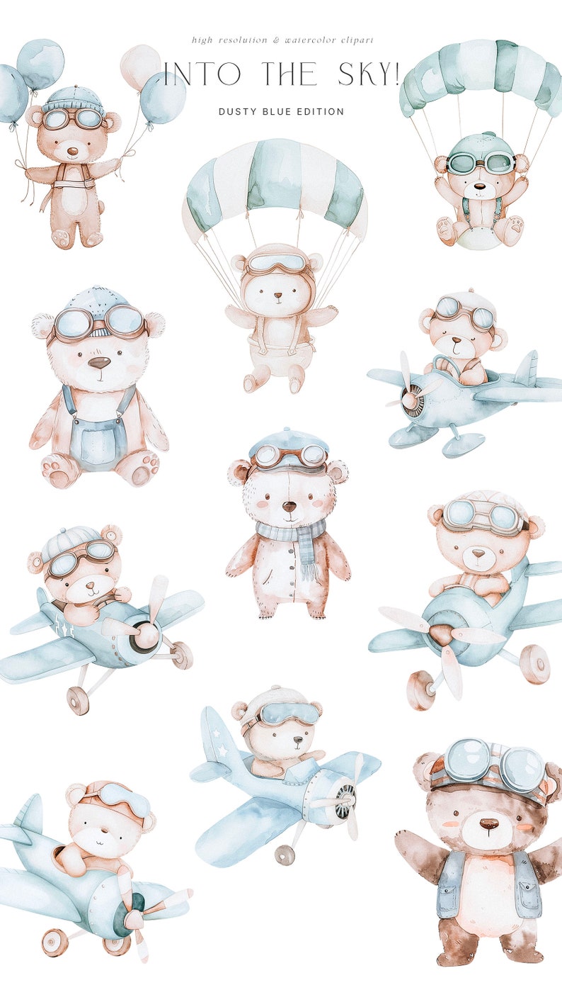 Bears & Airplane Watercolor Clipart - Airplane Clipart - Bear Pilot - Brown Bear Clipart - Nursery - Dusty Blue - Unlimited Sales License image 2