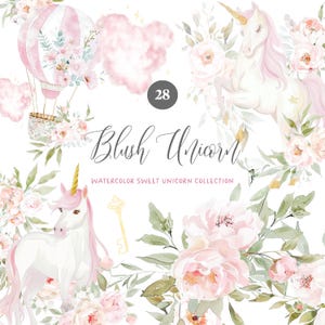 Blush Einhörner & Blumen Clipart - Aquarell Blumen - Blush Blumen - Heißluftballons - Einhorn Clipart - Rosa - Unlimitierte Verkaufslizenz