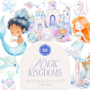 Clipart sirène mignon - Clipart pour enfants - sirènes - Collection Royaumes magiques - Clipart aquarelle - océan - Licence de vente illimitée
