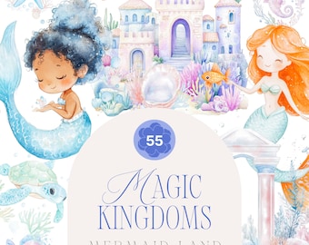 Peut inclure: Illustration aquarelle d'un royaume de sirènes avec un château, des hippocampes, des poissons et deux sirènes. Le texte "Magic Kingdoms Mermaid Land collection" est écrit sous l'image.