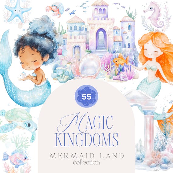 Cute Mermaid Clipart - Clipart For kids - Mermaids - Magic Kingdoms Collection - Watercolor Clipart - Ocean - Unlimited Sales License