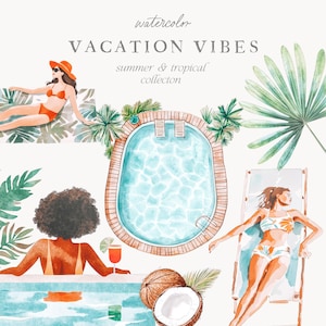 Collezione di acquerelli per le vacanze estive - Tropicale - Vacanze tropicali - Clipart piscina - Piscina estiva - Clipart piscina