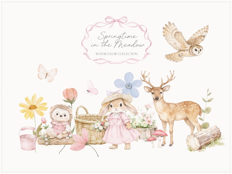 以下が含まれることがあります： 「Springtime in the Meadow」と題された水彩イラスト。ピンクのドレスを着たウサギ、鹿、フクロウ、その他の森の生き物が描かれています。花、蝶、キノコが含まれています。このアートワークは、ソフトなパステルカラーパレットです。