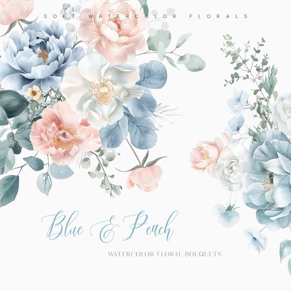 Dusty Blue and Peach Blush Watercolor Floral Arrangements - Floral Bouquets - Blue and Blush Flowers - Wedding Clipart