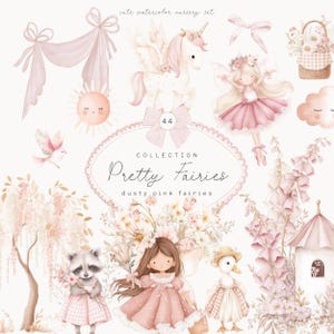 Clipart aquarelle de fées roses - jolies fées - fées BCBG - Vichy - motifs sans couture - vieux rose - licornes