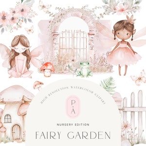 Clipart aquarelle jardin féerique - Clipart fée - chambre de bébé - Clipart fée pour enfants - Blush & rose - Clipart jardin - Licence de vente illimitée