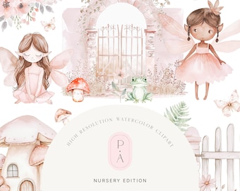 Fairy Garden Watercolor Clipart - Fairy Clipart - Nursery - Fairy Clipart For Kids - Blush & Pink - Garden Clipart - Unlimited Sales License