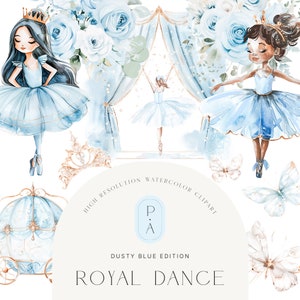 Dusty Blue Ballerina Acquerello Clipart - Clipart Swan - Dusty Blue Ballet - Royal Clipart Set - Bouquet floreali - Licenza di vendita illimitata
